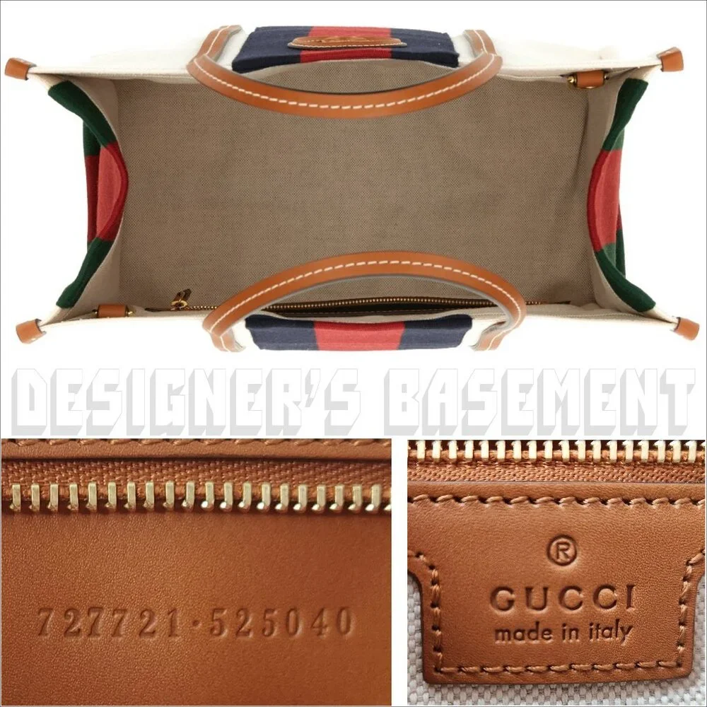GUCCI white Canvas w/ cognac Leather Interlocking G WEB Medium Shopping Tote Bag - Picture 6 of 12